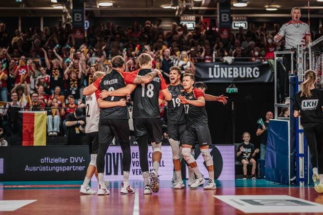 Volleyball mens international match Germany vs Belgium 23 08 2025 The German team cheers