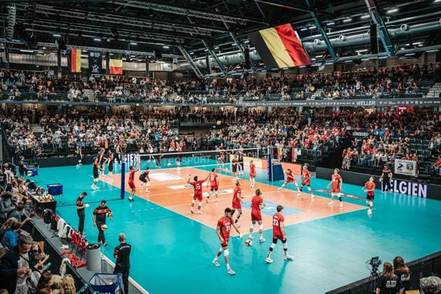Volleyball mens international match Germany vs. Belgium 23 08 2025 The LKH Arena at the team presentation of Belgium