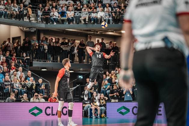 Volleyball mens international Germany vs Belgium 23 08 2025 Florian Krage 18 Germany serving