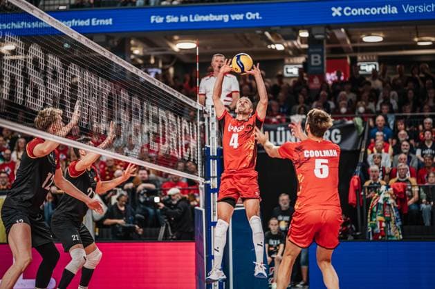 Volleyball mens international Germany vs. Belgium 23 08 2025 Stijn D Hulst 4 Belgium passing the ball
