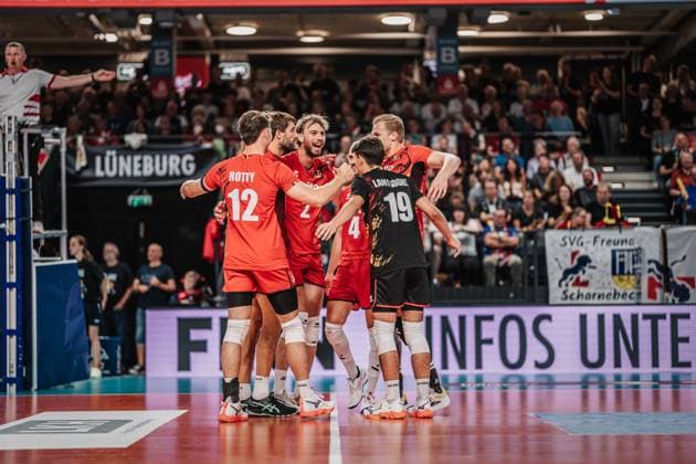 Volleyball mens international match Germany vs Belgium 23 08 2025 The Belgian team cheers