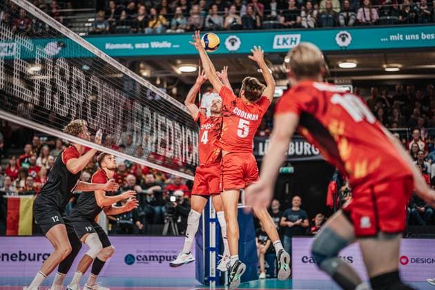 Volleyball mens international Germany vs Belgium 23 08 2025 Stijn D Hulst 4 Belgium passes the ball to Pieter Coolman 5 Belgium