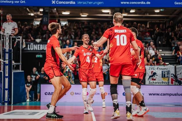 Volleyball mens international Germany vs Belgium 23 08 2025 The Belgian team cheers with Stijn D Hulst 4 Belgium