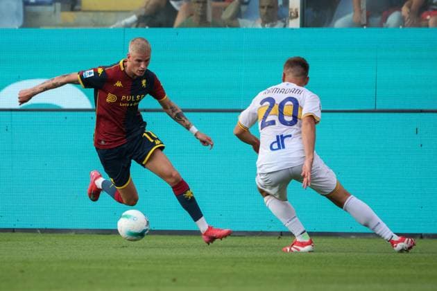 CALCIO - Serie A - Genoa CFC vs US Lecce Serie A, Day 1, 23-08-2023, Genova, Stadio Ferraris, Genoa - Lecce, in the photo: Gronbeak and Ramadani Genoa Italy  Copyright: xIPAxSport ABACAx