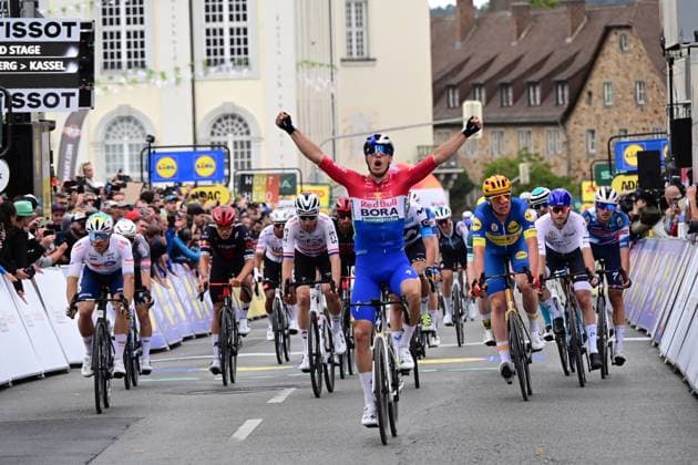 23 08 2025 xkhx Lidl Deutschland Tour 2025 3 stage from Arnsberg to Kassel Victory celebration Danny van Poppel is stripped of his victory due to his riding style