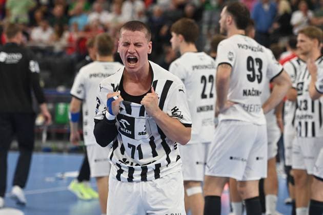 Elias Ellefsen a SKIPAGOTU Kiel , Disappointment,frustration,disappointed,frustrated,dejected after the end of the game Handball Super Cup 2025 of the men Fuechse Berlin vs THW Kiel on 23 08 2025, SAP GARDEN Muenchen