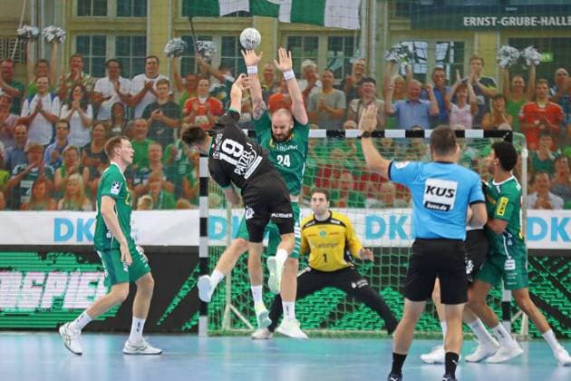 Handball test match SC DHfK Leipzig vs HC Banik Karvina, 23 08 25 Jonas Patzel 19, Banik Karvina throws against Moritz Preuss 24, SC DHfK Leipzig Handball, DAIKIN HBL, Season 2025 2026, Test match SC DHfK Leipzig vs HC Banik Karvina on 23 08 25 in the Quarterback Immobilien Arena Leipzig Copyright: xBEAUTIFULxSPORTS JanxKaeferx