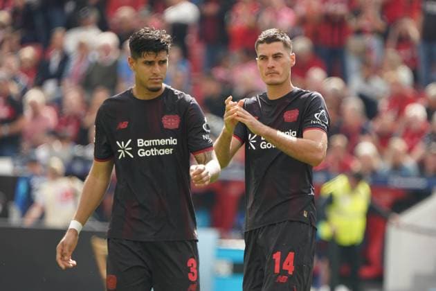 Football, 1 Bundesliga, 2025 2026 season, Bayer 04 Leverkusen TSG Hoffenheim 1899, 23 08 2025, Bayarena Leverkusen Piero Martin Hincapie Reyna, Patrik Schick, both Bayer 04 Leverkusen