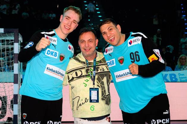 Muenchen HBL Super Cup 2025 Fuechse Berlin THW Kiel Goalkeeper Lasse Ludwig Berlin , Managing Director Bob Hanning Berlin , Goalkeeper Dejan Milosavljev Berlin Muenchen SAP Garden Bayern Germany