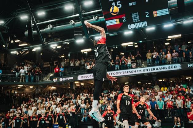Volleyball international match Germany vs. Belgium, 23 08 25 Georg Grozer Germany, 9 hits the ball Volleyball, international match Germany vs. Belgium on 23 08 2025 in the LKH Arena, Lüneburg Copyright: xBEAUTIFULxSPORTS Tonhäuserx