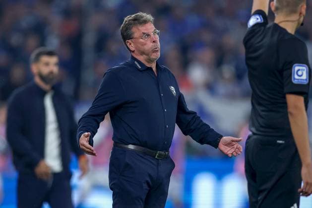 23 08 2025, Football, FC Schalke 04 VfL Bochum, Matchday 3, 2 Fußball Bundesliga, Veltins Arena Gelsenkirchen, Season 2025 2026 Head coach Dieter Hecking VfL Bochum hc stands gesticulating next to the linesman assistant referee DFB regulations prohibit any use of photographs as image sequences and or quasi video North Rhine-Westphalia Germany