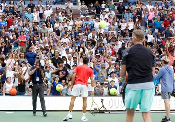 Carlos Alcaraz of Spain entertains fans in Arthur Ashe Stadium on Arthur Ashe Kids Day at the 2025 US Open Tennis Championship at the USTA Billie Jean King National Tennis Center in New York City on Saturday, August 23, 2025 in New York City.  NYP20250823124 JOHNxANGELILLO