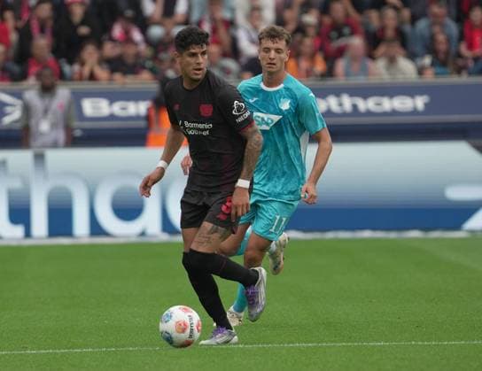 GER, 1 FBL, Bayer Leverkusen vs TSG Hoffenheim 23 08 2025, BayArena, Leverkusen, GER, 1 FBL, Bayer Leverkusen vs TSG Hoffenheim , in picture Piero Hincapie Leverkusen DFL regulations prohibit any use of photographs as image sequences and or quasi video nordphotoxGmbHx xBratic nph00250