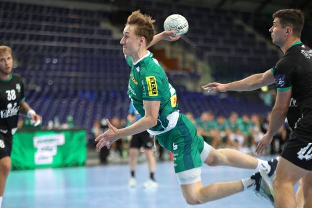 Handball test match SC DHfK Leipzig vs HC Banik Karvina, 23 08 25 Caspar Gauer 53, SC DHfK Leipzig throwing handball, DAIKIN HBL, Season 2025 2026, Test match SC DHfK Leipzig vs HC Banik Karvina on 23 08 25 in the Quarterback Immobilien Arena Leipzig Copyright: xBEAUTIFULxSPORTS JanxKaeferx