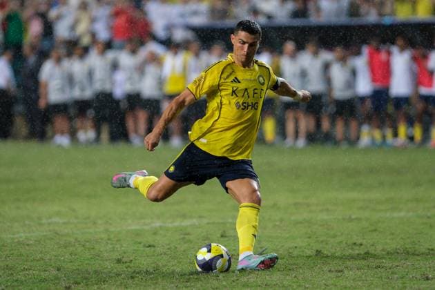 HONG KONG, CHINA - AUGUST 23: Cristiano Ronaldo of Al Nassr takes a penalty kick during the Saudi Super Cup final match between Al Nassr and Al-Ahli at the Hong Kong Stadium on August 23, 2025 in Hong Kong, China.  Copyright: xChinaxNewsxServicex 111586539092
