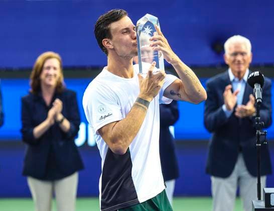August 23, 2025: Marton Fucsovics wins Winston Salem Open. Winston-Salem Open Finals (Marton Fucsovics and Botic Van De Zandschulp) , ATP, Tennis Herren Tour, Wake Forest Tennis Complex, Winston Salem, North Carolina. . CSM Winston Salem United States of America - ZUMAc04_ 20250823_zma_c04_095 Copyright: xDavidxBeachx