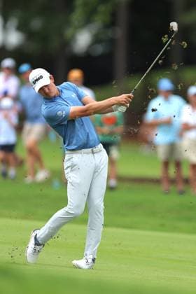 ATLANTA, GA - AUGUST 23: Maverick McNealy of the United States hits a fairway shot on the 3rd fairway during the third round of the PGA, Golf Herren Tour Championship on August 23, 2025 at East Lake Golf Club in Atlanta, GA. (Photo by Jeff Robinson Icon Sportswire) GOLF: AUG 23 PGA FedEx Cup Playoffs - Tour Championship EDITORIAL USE ONLY Icon25082348562