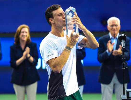 August 23, 2025: Marton Fucsovics wins Winston Salem Open. Winston-Salem Open Finals (Marton Fucsovics and Botic Van De Zandschulp) , ATP, Tennis Herren Tour, Wake Forest Tennis Complex, Winston Salem, North Carolina. . CSM Winston Salem United States of America - ZUMAc04_ 20250823_zma_c04_427 Copyright: xDavidxBeachx