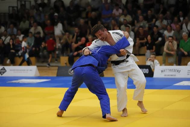23 08 2025 xhpx Offenbach am Main 1 Judo Bundesliga 1 JC Samurai Offenbach vs JSV Speyer Markus Seifert Samurai vs Franz Haettich Speyer