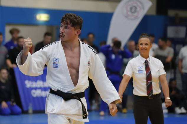 23 08 2025 xhpx Offenbach am Main 1 Judo Bundesliga 1 JC Samurai Offenbach vs JSV Speyer Markus Seifert Samurai vs Franz Haettich Speyer