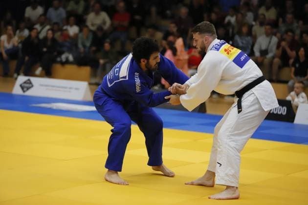 23 08 2025 xhpx Offenbach am Main 1 Judo Bundesliga 1 JC Samurai Offenbach vs JSV Speyer Nikoloz Zaalishvili Samurai vs Pierre Ederer Speyer