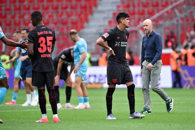 Coach Erik ten Hag Bayer 04 Leverkusen , Piero Hincapie Bayer 04 Leverkusen , Christian Kofane Bayer 04 Leverkusen , v re , after the match 23 08 2025, Soccer 1 Bundesliga, Season 2025 2026, 1 Matchday, Bayer 04 Leverkusen TSG Hoffenheim 1 2 DFL regulations prohibit any use of photographs as image sequences and or quasi video Leverkusen BayArena Nordrhein Westfalen Germany Team2