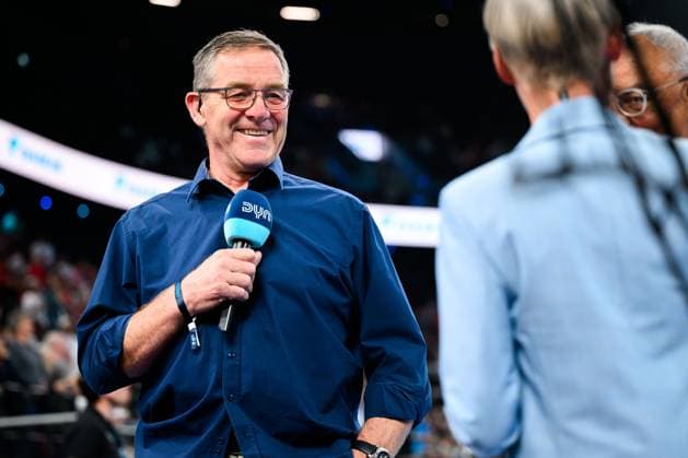 Muenchen HBL Super Cup 2025 Fuechse Berlin THW Kiel national coach Alfred Gislason smiling smiling smiling smiling Muenchen SAP Garden Bayern Germany