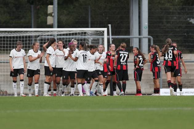 24 08 2025, xjcx, Women, Football, Season 2025 2026, 2 Women Bundesliga, 1 Matchday Eintracht Frankfurt II Borussia Moenchengladbach Borussia Mönchengladbach celebrates the 0 1 by Emma Marie Lattus 7, Borussia Mönchengladbach Frankfurt am Main Stadion am Brentanobad Hessen Germany