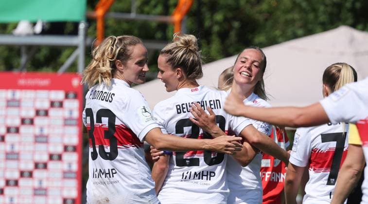 Stuttgart , Soccer 2 Bundesliga , VfB Stuttgart Women vs FC Bayern Munich Women II , VfB cheers , from left Fabienne Dongus Jana Beuschlein Janina Hechler VfB