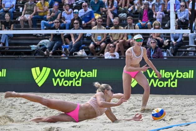 From left Valerie Dvornikova, Michaela Brinkova (both Czechia) in action during the Brno Beach Pro, Beach volleyball, Beachvolleyball tournament of Futures category in Brno, Czech Republic, August 24, 2025. (CTKxPhoto VaclavxSalek) CTKPhotoP2025082402785  CTKPhotoP2025082402785