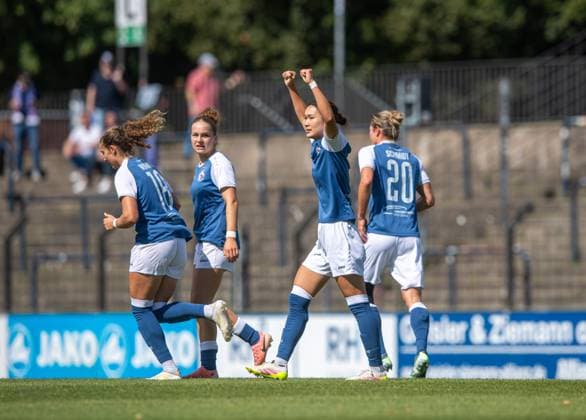 Soccer, Women, Season 2025 2026, 2 Bundesliga 1 Matchday , 1 FFC Turbine Potsdam FC Ingolstadt 04, f l Annika Wohner Turbine Potsdam , Alina Gnädig Turbine Potsdam , Rana Okuma Turbine Potsdam , Bianca Schmidt Turbine Potsdam , Celebration after goal to 1 0, 24 08 2025, Copyright: xSebastianxRäppold MatthiasxKochx