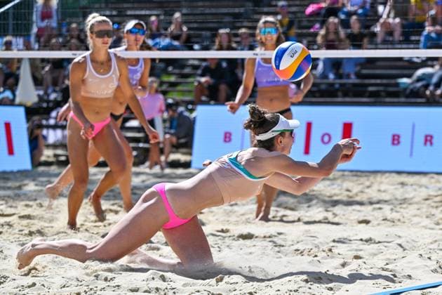 From left Valerie Dvornikova, Daniela Mokra, Anna Pospisilova, Michaela Brinkova (all of Czechia) in action during the Brno Beach Pro, Beach volleyball, Beachvolleyball tournament of Futures category in Brno, Czech Republic, August 24, 2025. (CTKxPhoto VaclavxSalek) CTKPhotoP2025082402791  CTKPhotoP2025082402791