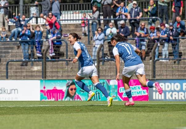 Soccer, Women, Season 2025 2026, 2 Bundesliga 1 Matchday , 1 FFC Turbine Potsdam FC Ingolstadt 04, f l Rana Okuma Turbine Potsdam , Amani Mahmoud Turbine Potsdam , Cheering after goal to 1 0, 24 08 2025, Copyright: xSebastianxRäppold MatthiasxKochx