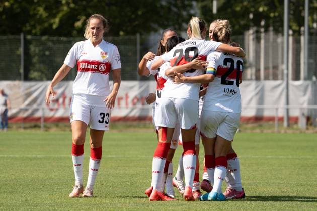 VFB Stuttgart celebrating after taking the lead, GER, VfB Stuttgart Women vs FC Bayern Muenchen Women II, Football, 2 Women Bundesliga, 1 Matchday, 2025 2026 Season, 24 08 2025, GER, VfB Stuttgart Women vs FC Bayern Muenchen Women II, Football, 2 Women Bundesliga, 1 Matchday, 2025 2026 Season, 24 08 2025, Stuttgart Copyright: xEibner-Pressefoto EdwardxCheungx EP_ECG