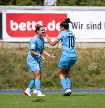 Soccer, Women, Season 2024 2025, 2 Women Bundesliga 1 Matchday , FC Viktoria 1889 Berlin SG Andernach, v l Leyila Aydin FC Viktoria 1889 Berlin , Sarah Abu Sabbah FC Viktoria 1889 Berlin , Celebration after goal to 2 1, 24 08 2025, Copyright: xMatthiasxKochx