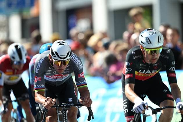 Dutch Mathieu van der Poel of Alpecin-Deceuninck and Belgian Tim Wellens of UAE Team Emirates pictured in action during the fifth and last stage of the Renewi Tour multi-stage cycling race, 185km from and to Leuven on Sunday 24 August 2025. The five-day race takes place in Belgium and the Netherlands. DAVIDxPINTENS  x132180507x