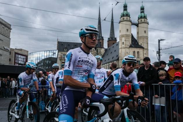 Cycling UCI ProSeries Men Elite LIDL Deutschland Tour 2025 Stage 4 Halle Magdeburg on 24 08 2025 Nikias Arndt BAHRAIN VICTORIOUS , left Phil Bauhaus BAHRAIN VICTORIOUS , right xJRx