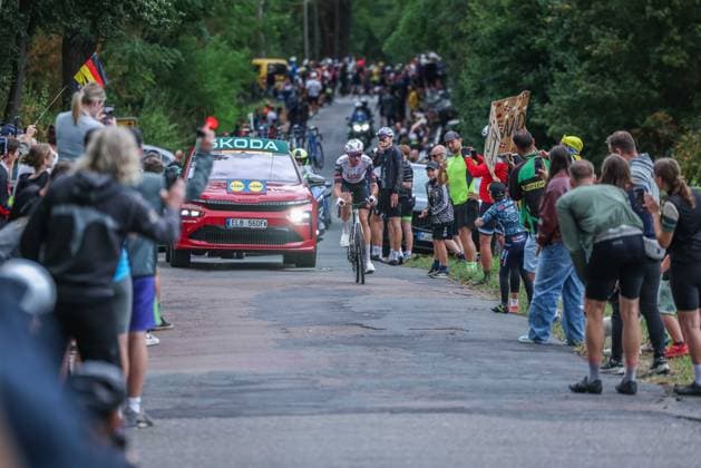 Cycling UCI ProSeries Men Elite LIDL Deutschland Tour 2025 Stage 4 Halle Magdeburg on 24 08 2025 Brandon McNulty UAE TEAM EMIRATES XRG rides the mountain classification at Johannashall in front of many fans at the side of the track xJRx