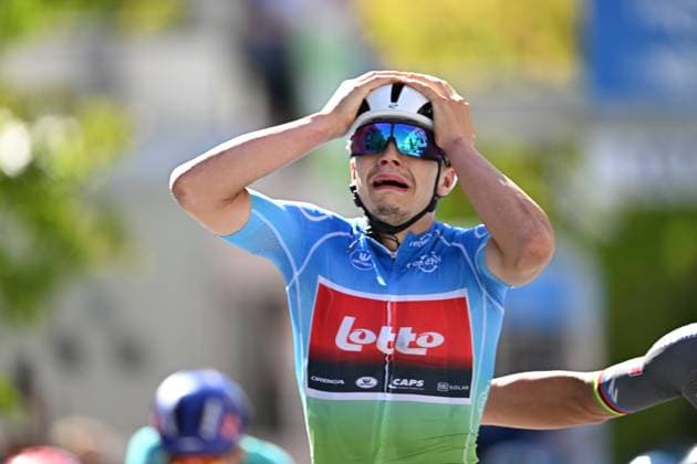 Belgian Arnaud De Lie of Lotto Cycling Team celebrates as he crosses the finish line to win the fifth and last stage of the Renewi Tour multi-stage cycling race, 185km from and to Leuven on Sunday 24 August 2025. The five-day race takes place in Belgium and the Netherlands. DAVIDxPINTENS  x132181327x