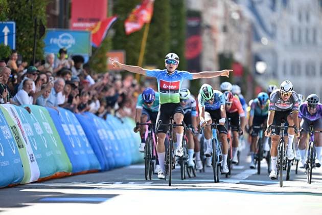 Belgian Arnaud De Lie of Lotto Cycling Team (C) wins before Dutch Mathieu van der Poel of Alpecin-Deceuninck (R) the sprint at the finish of the fifth and last stage of the Renewi Tour multi-stage cycling race, 185km from and to Leuven on Sunday 24 August 2025. The five-day race takes place in Belgium and the Netherlands. DAVIDxPINTENS  x132181796x