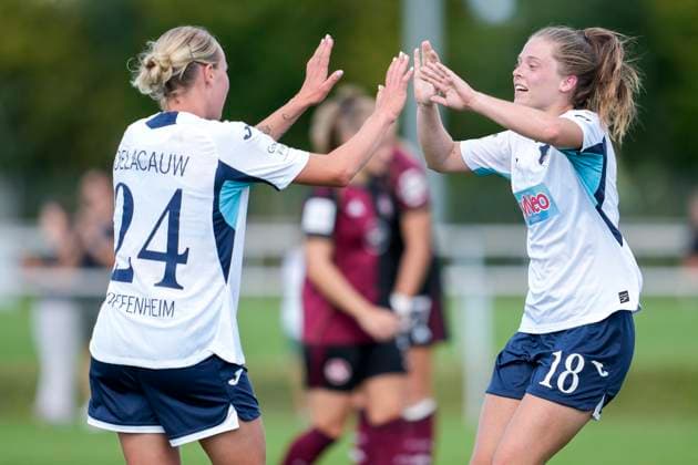 v li Feli Delacauw TSG, 24 , Valesca Ampoorter TSG, 18 , players of TSG 1899 Hoffenheim, cheer about the goal to 2 0, jubilation, goal celebration, celebrate the goal, goal, celebration, cheers about the goal, rejoice, joy, rejoices, optimistic, positive, game scene, highlight, action, action, 24 08 2025, Sankt Leon Rot Germany , Soccer, Women, Test match, TSG 1899 Hoffenheim 1 FC Nürnberg, 24 08 2025, Sankt Leon Rot Germany , Soccer, Women, Test match, TSG 1899 Hoffenheim 1 FC Nürnberg, DFB DFL REGULATIONS PROHIBIT ANY USE OF PHOTOGRAPHS AS IMAGE SEQUENCES AND OR QUASI VIDEO xozx