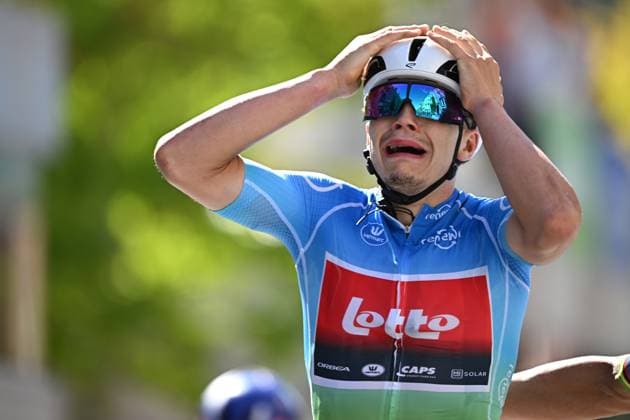 Belgian Arnaud De Lie of Lotto Cycling Team celebrates as he crosses the finish line to win the fifth and last stage of the Renewi Tour multi-stage cycling race, 185km from and to Leuven on Sunday 24 August 2025. The five-day race takes place in Belgium and the Netherlands. DAVIDxPINTENS  x132183140x