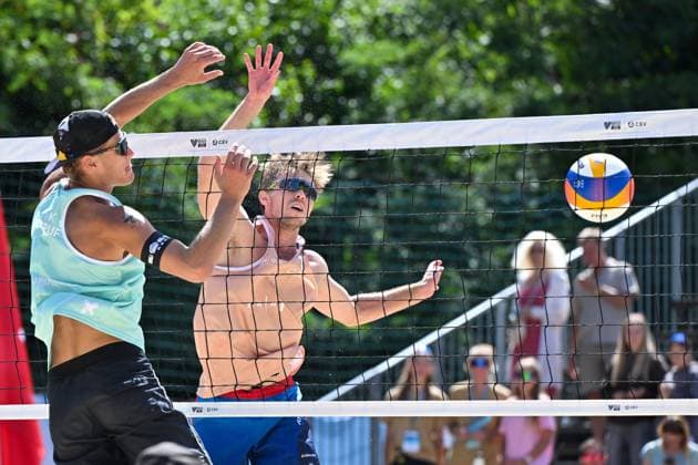 From left Adrian Petruf (Slovakia), Jakub Sepka (Czechia), Lubos Nemec, Adrian Petruf (both Slovakia) in action during the Brno Beach Pro, Beach volleyball, Beachvolleyball tournament of Futures category in Brno, Czech Republic, August 24, 2025. (CTKxPhoto VaclavxSalek) CTKPhotoP2025082402957  CTKPhotoP2025082402957