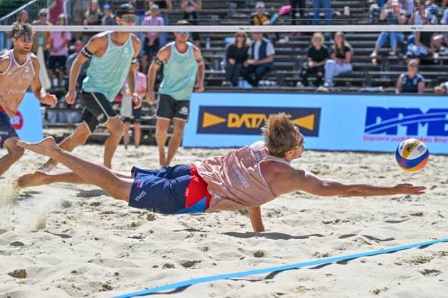From left Jiri Sedlak (Czechia), Adrian Petruf (Slovakia), Lubos Nemec (Slovakia), Jakub Sipka (Czechia) in action during the Brno Beach Pro, Beach volleyball, Beachvolleyball tournament of Futures category in Brno, Czech Republic, August 24, 2025. (CTKxPhoto VaclavxSalek) CTKPhotoP2025082402962  CTKPhotoP2025082402962