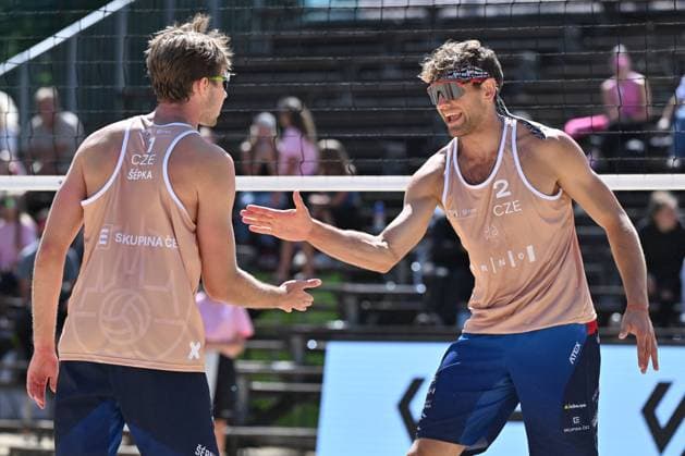 From left Jakub Sepka, Jiri Sedlak (both Czechia) in action during the Brno Beach Pro, Beach volleyball, Beachvolleyball tournament of Futures category in Brno, Czech Republic, August 24, 2025. (CTKxPhoto VaclavxSalek) CTKPhotoP2025082402963  CTKPhotoP2025082402963