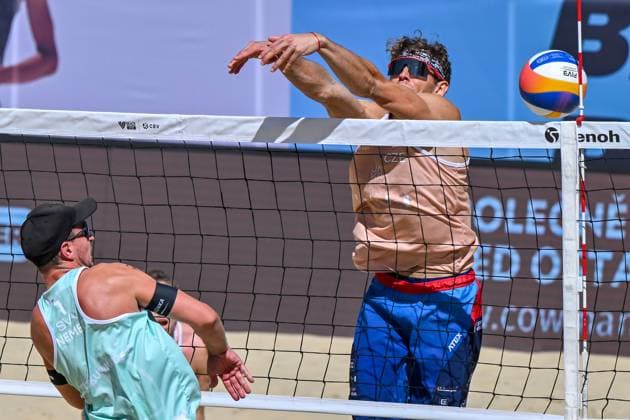 From left Lubos Nemec (Slovakia) , Jiri Sedlak (Czechia) in action during the Brno Beach Pro, Beach volleyball, Beachvolleyball tournament of Futures category in Brno, Czech Republic, August 24, 2025. (CTKxPhoto VaclavxSalek) CTKPhotoP2025082402991  CTKPhotoP2025082402991