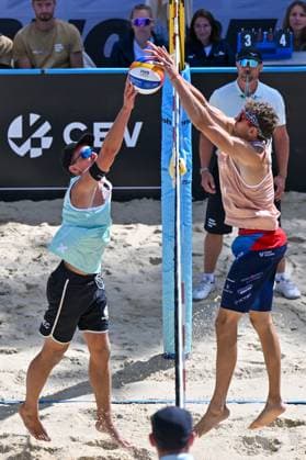 From left Adrian Petruf (Slovakia), Jiri Sedlak (Czechia) in action during the Brno Beach Pro, Beach volleyball, Beachvolleyball tournament of Futures category in Brno, Czech Republic, August 24, 2025. (CTKxPhoto VaclavxSalek) CTKPhotoP2025082403022  CTKPhotoP2025082403022