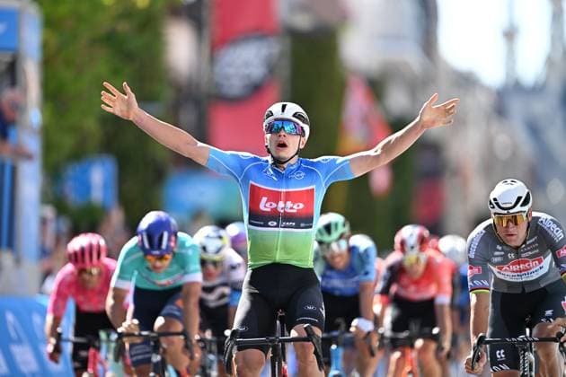 Belgian Arnaud De Lie of Lotto Cycling Team (C) celebrates as he wins before Dutch Mathieu van der Poel of Alpecin-Deceuninck (R) the sprint at the finish of the fifth and last stage of the Renewi Tour multi-stage cycling race, 185km from and to Leuven on Sunday 24 August 2025. The five-day race takes place in Belgium and the Netherlands. DAVIDxPINTENS  x132183597x