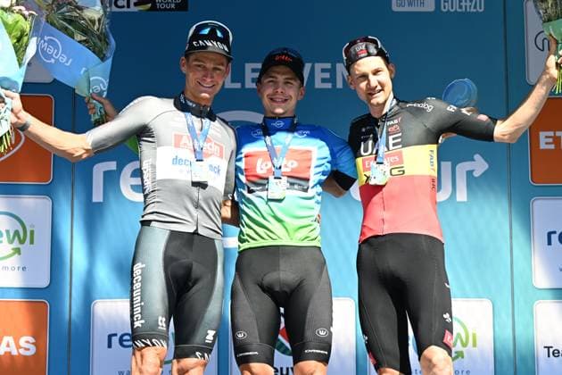 Dutch Mathieu van der Poel of Alpecin-Deceuninck, Belgian Arnaud De Lie of Lotto Cycling Team and Belgian Tim Wellens of UAE Team Emirates form the podium of the general ranking after the fifth and last stage of the Renewi Tour multi-stage cycling race, 185km from and to Leuven on Sunday 24 August 2025. The five-day race takes place in Belgium and the Netherlands. DAVIDxPINTENS  x132184087x