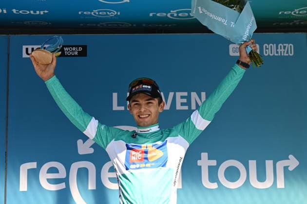 Czech Pavel Bittner of Team Picnic PostNL celebrates on the podium of the fifth and last stage of the Renewi Tour multi-stage cycling race, 185km from and to Leuven on Sunday 24 August 2025. The five-day race takes place in Belgium and the Netherlands. DAVIDxPINTENS  x132184110x